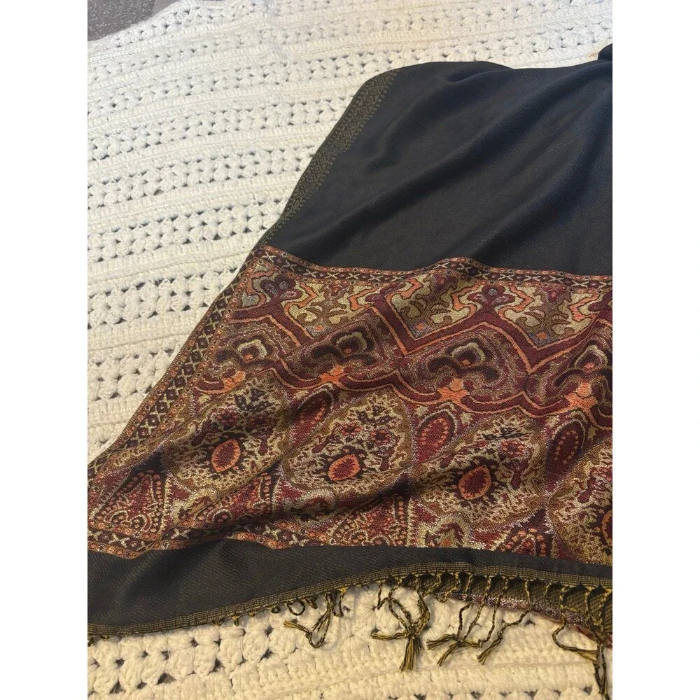 100% pashmina scarf fringe blanket oriental carpet print brown tan